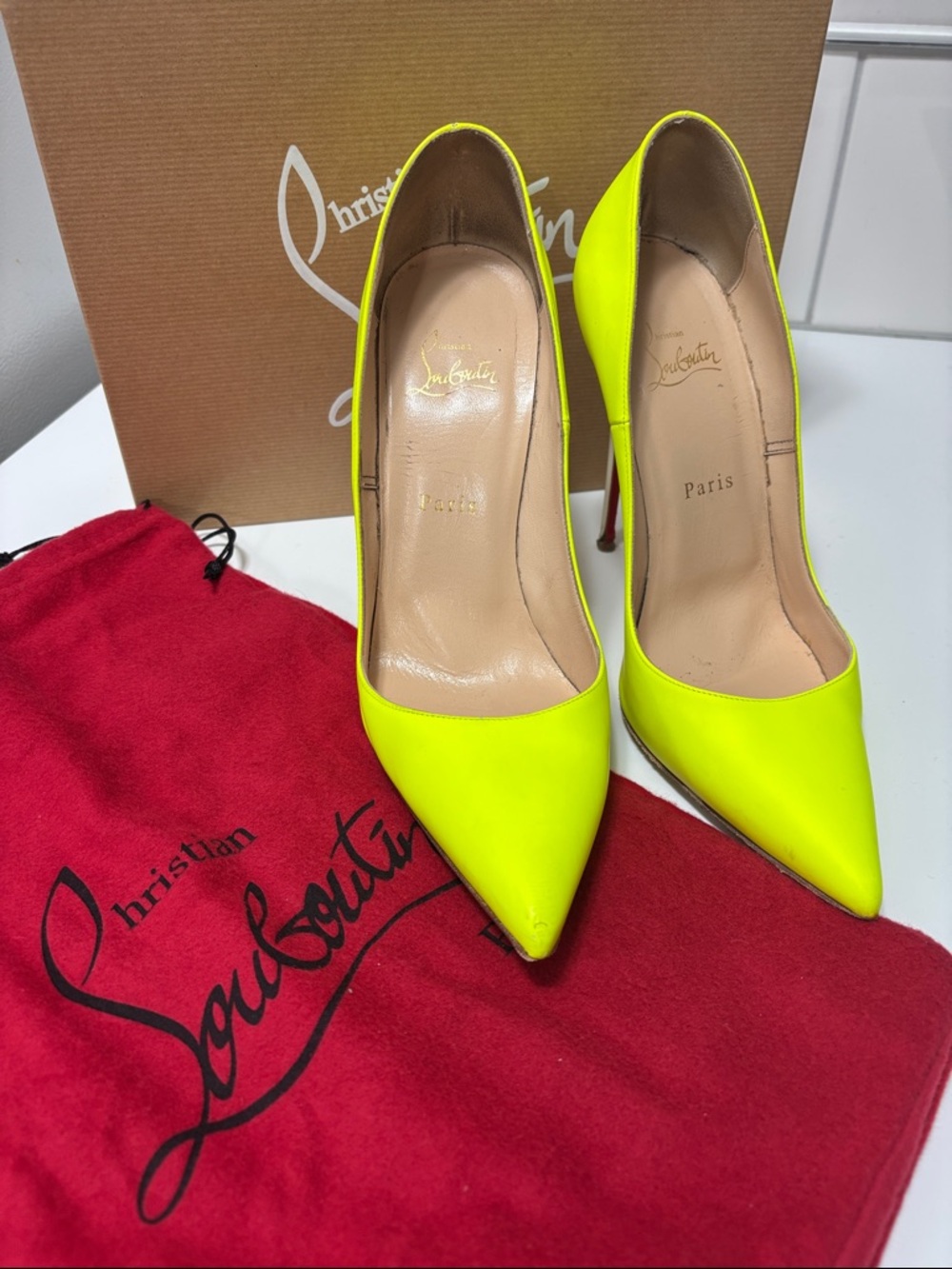 Christian Louboutin Neon Yellow Pointed Leather Pumps with box and dust bag
